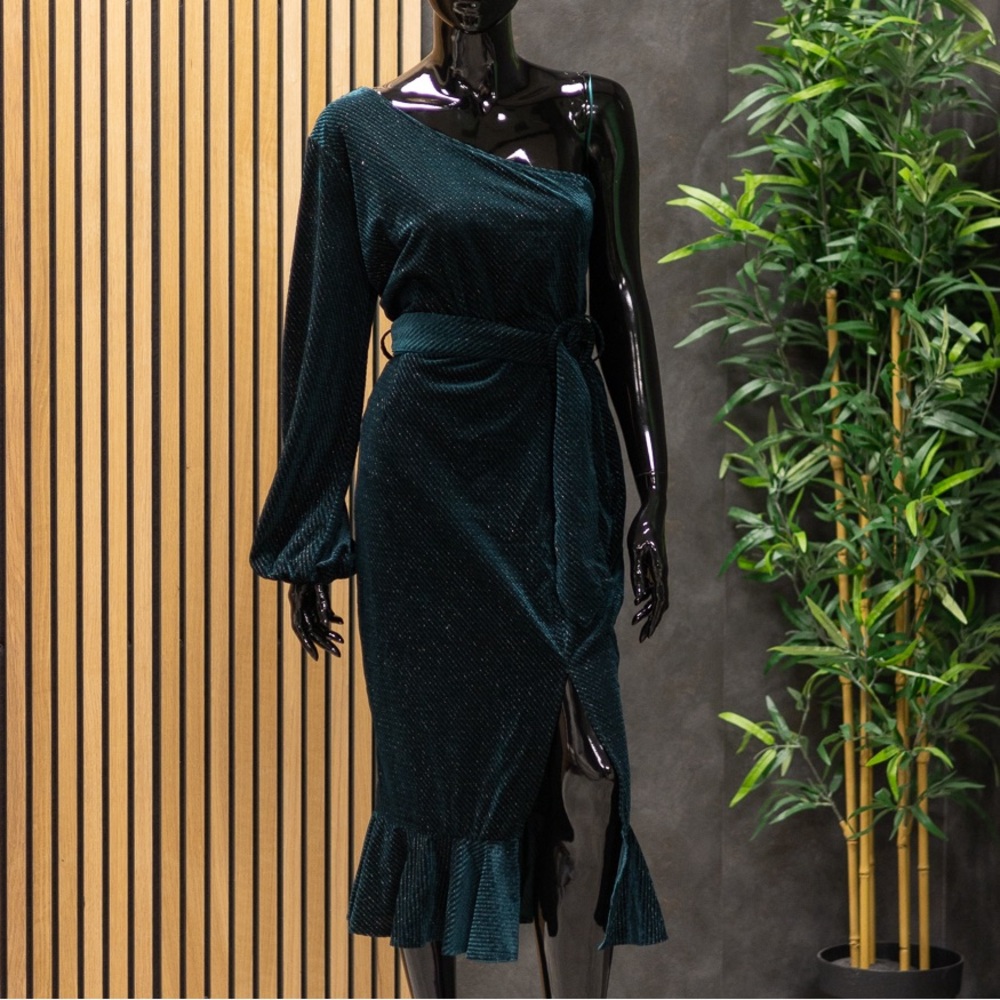 Vici Green Velvet with Silver Shimmer One Shoulder Dress, Size L